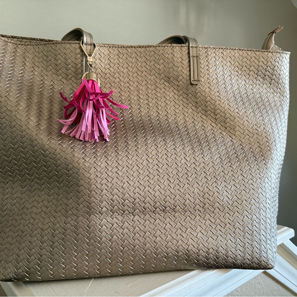 Bath and Body Works light gold Tote Bag with Pink Tassel